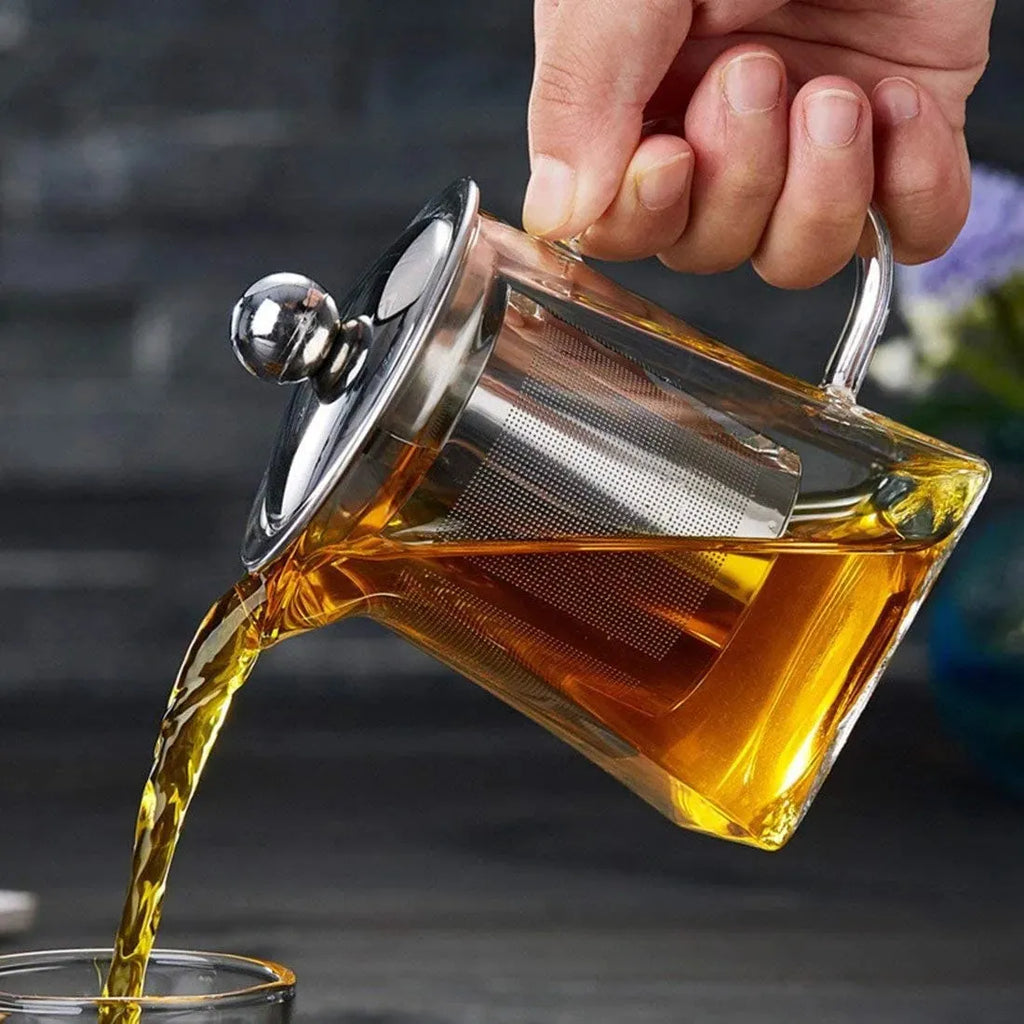 Square Glass Teapot with Heat-Resistant Stainless Steel Infuser Chai Kettle
