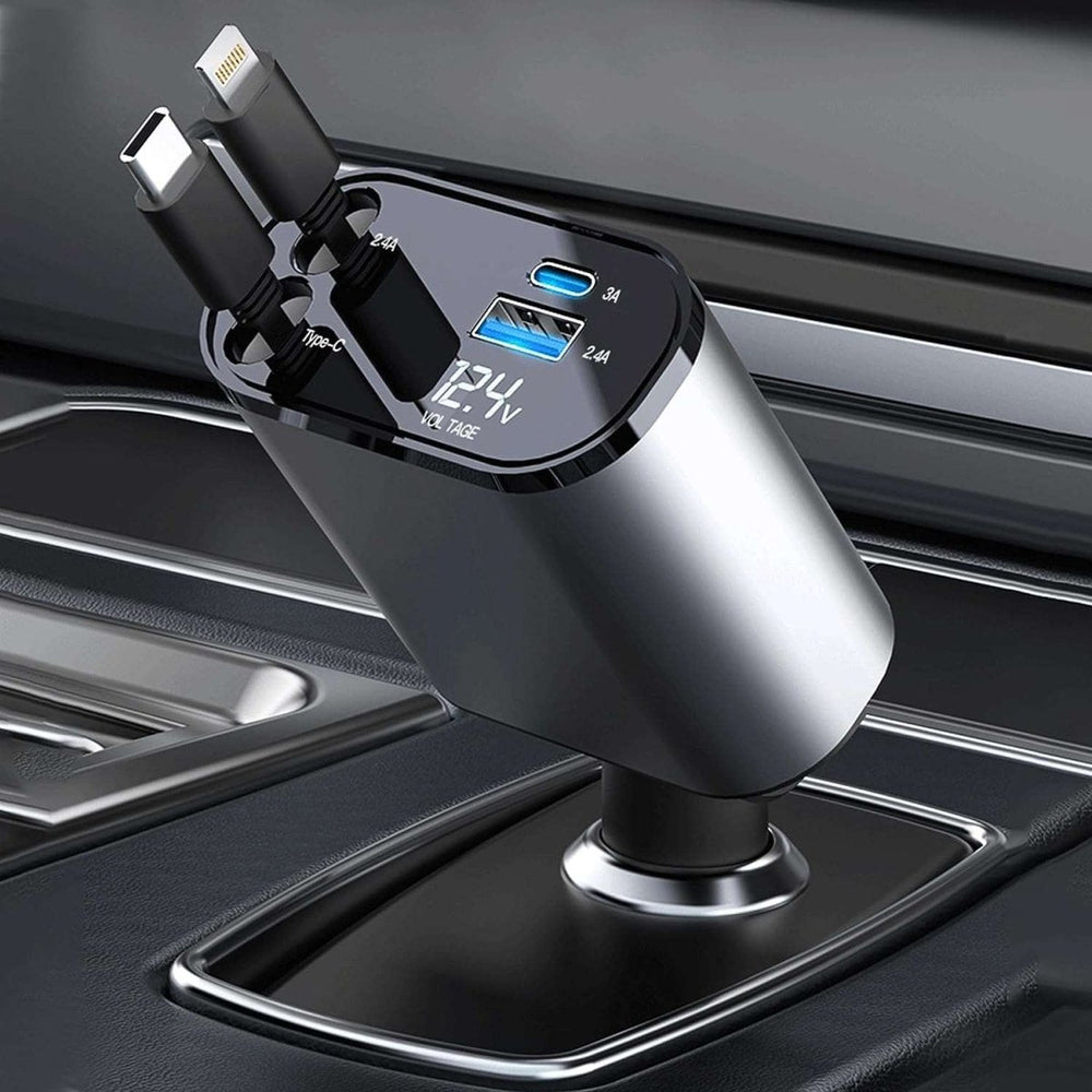 4-in-1 Car Fast Charger with RetrAactable iPhone & Type-C Cables, PD & USB Ports – Universal Multi-Device Charging Solution