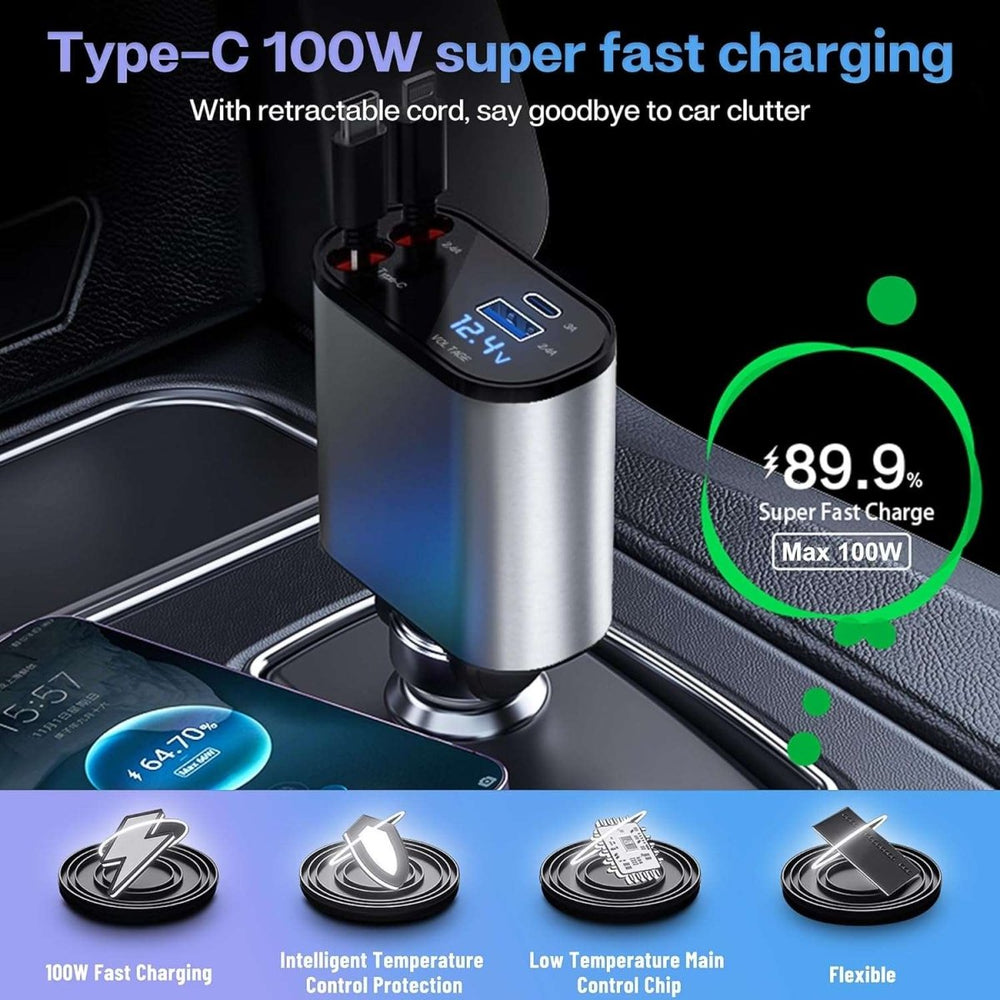 4-in-1 Car Fast Charger with RetrAactable iPhone & Type-C Cables, PD & USB Ports – Universal Multi-Device Charging Solution