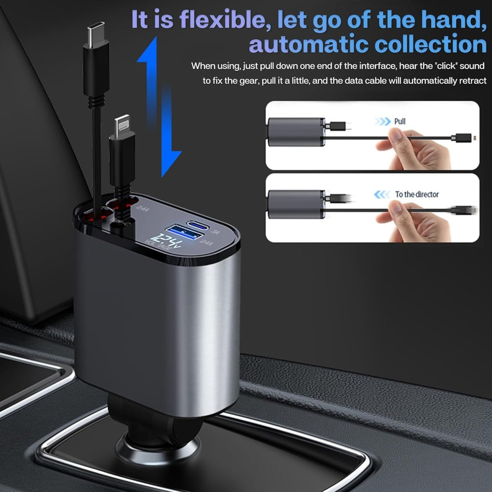 4-in-1 Car Fast Charger with RetrAactable iPhone & Type-C Cables, PD & USB Ports – Universal Multi-Device Charging Solution
