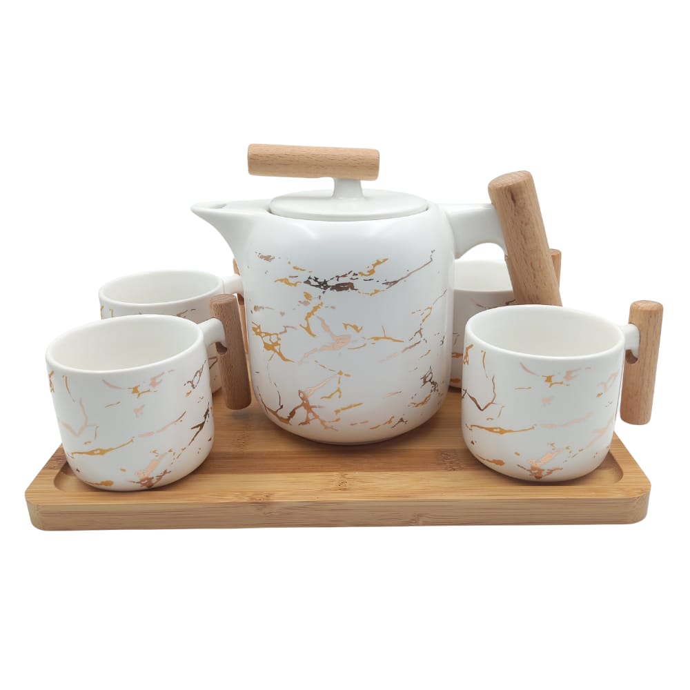 4 Pieces Tea Cups With Teapot & Wooden Tray
