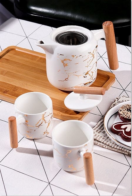 4 Pieces Tea Cups With Teapot & Wooden Tray