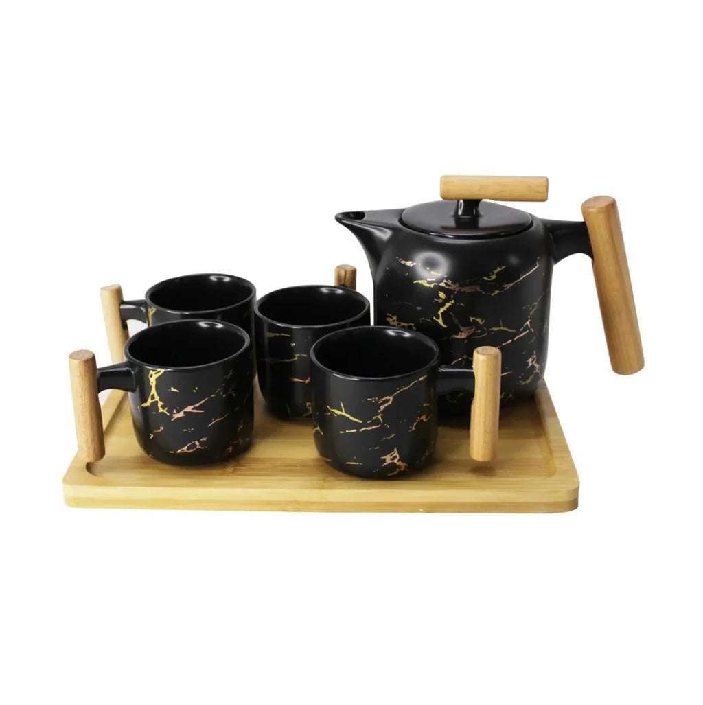 4 Pieces Tea Cups With Teapot & Wooden Tray