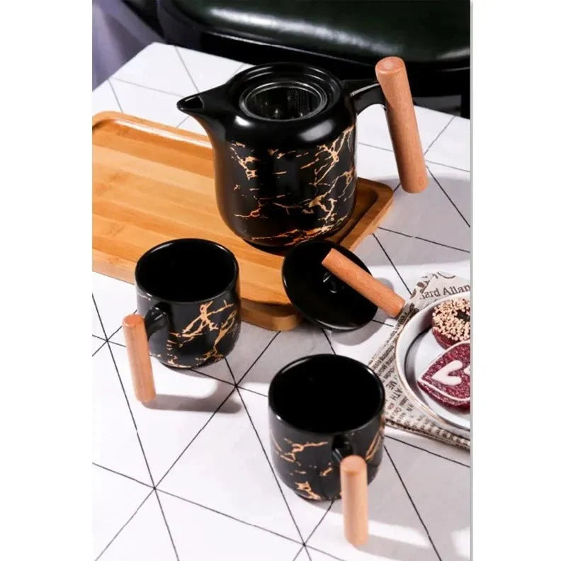 4 Pieces Tea Cups With Teapot & Wooden Tray