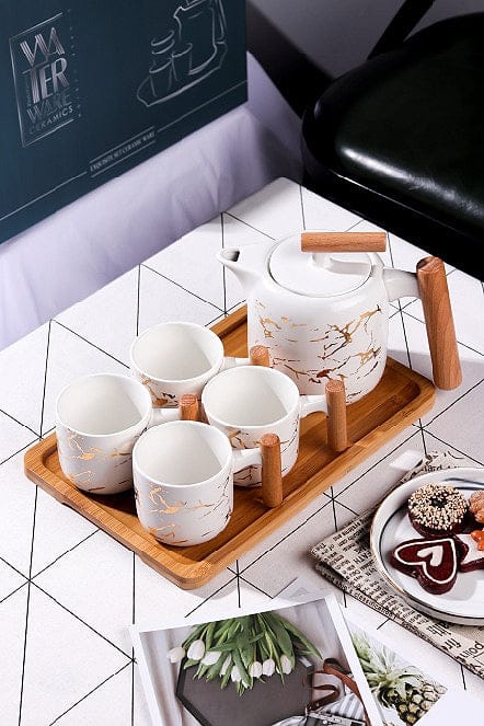 4 Pieces Tea Cups With Teapot & Wooden Tray