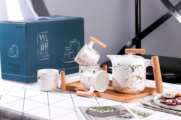 4 Pieces Tea Cups With Teapot & Wooden Tray
