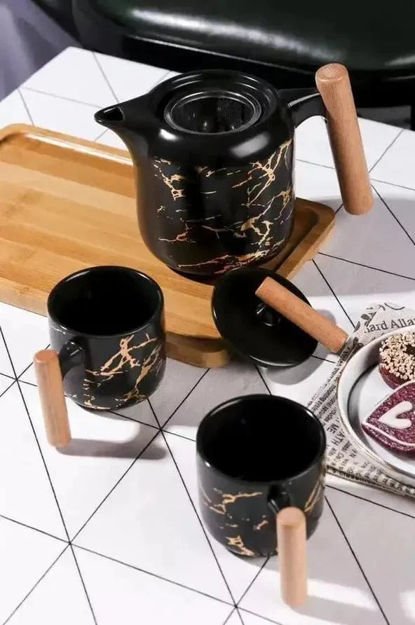 4 Pieces Tea Cups With Teapot & Wooden Tray
