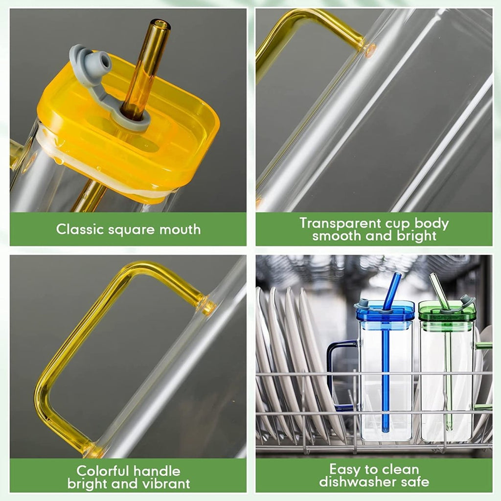 400ml Square Glass Mug With Handle, Straw & Lid
