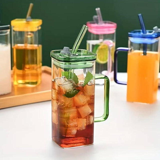 400ml Square Glass Mug With Handle, Straw & Lid