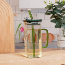 400ml Square Glass Mug With Handle, Straw & Lid