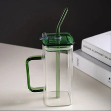 400ml Square Glass Mug With Handle, Straw & Lid