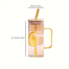 400ml Square Glass Mug With Handle, Straw & Wooden Lid
