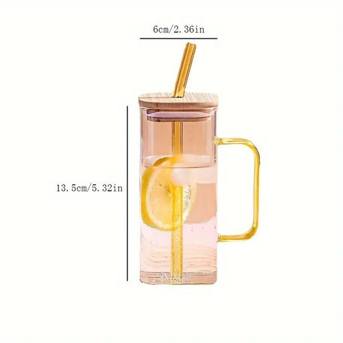 400ml Square Glass Mug With Handle, Straw & Wooden Lid