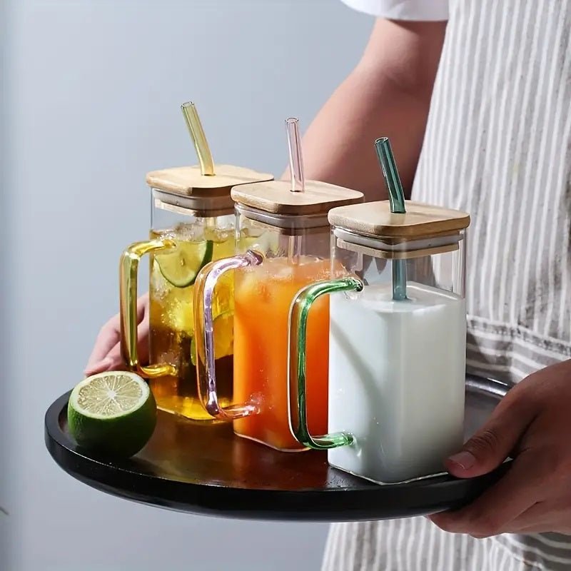 400ml Square Glass Mug With Handle, Straw & Wooden Lid