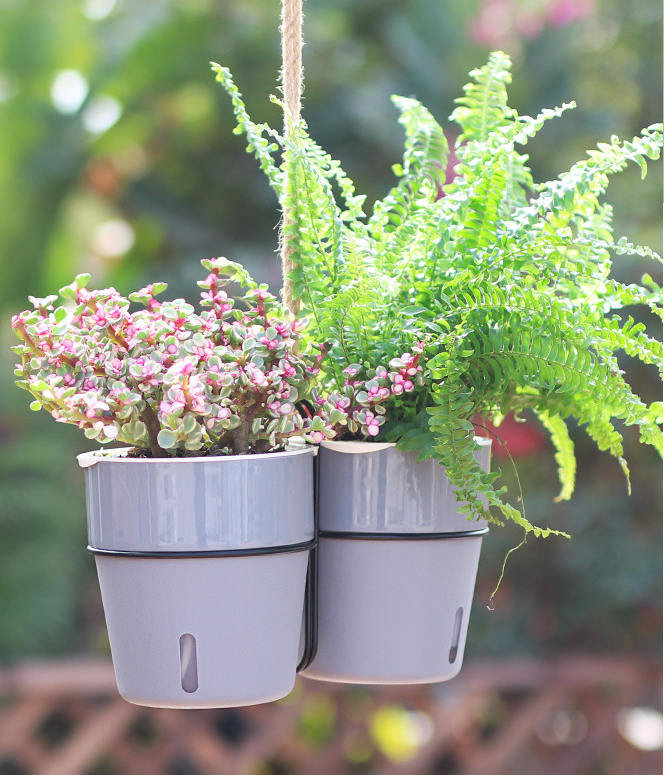 Wall Hanging Self Watering Flower Pot, Indoor Plastic Planter With Cotton Rope & Hanging Stand, Stand & Container For Water, Self Watering Style Lazy Pot & Iron Stand