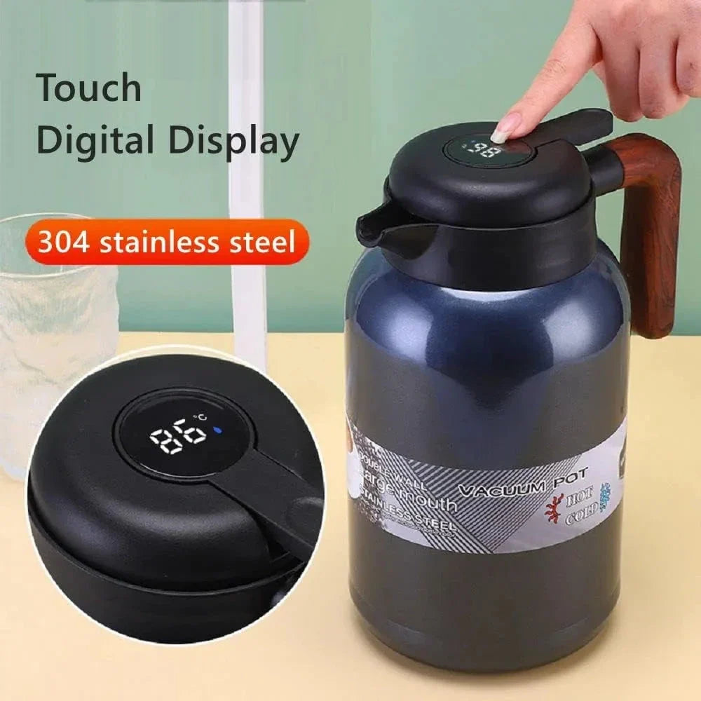 Random Color - 2000ml Temperature Display Vacuum Coffee Pot With Wooden Handle