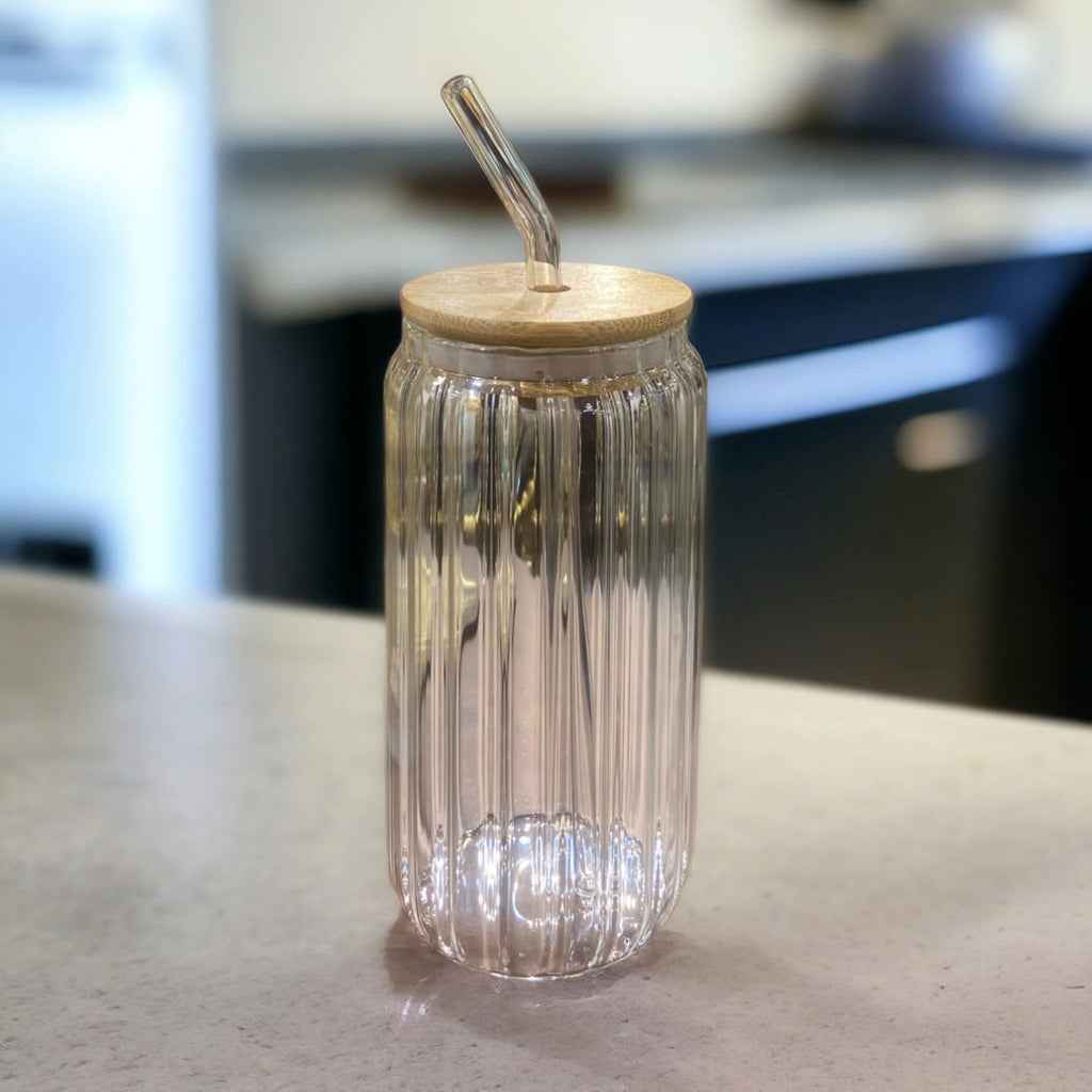 Glass Tumbler with Bamboo Lids and Glass Straw