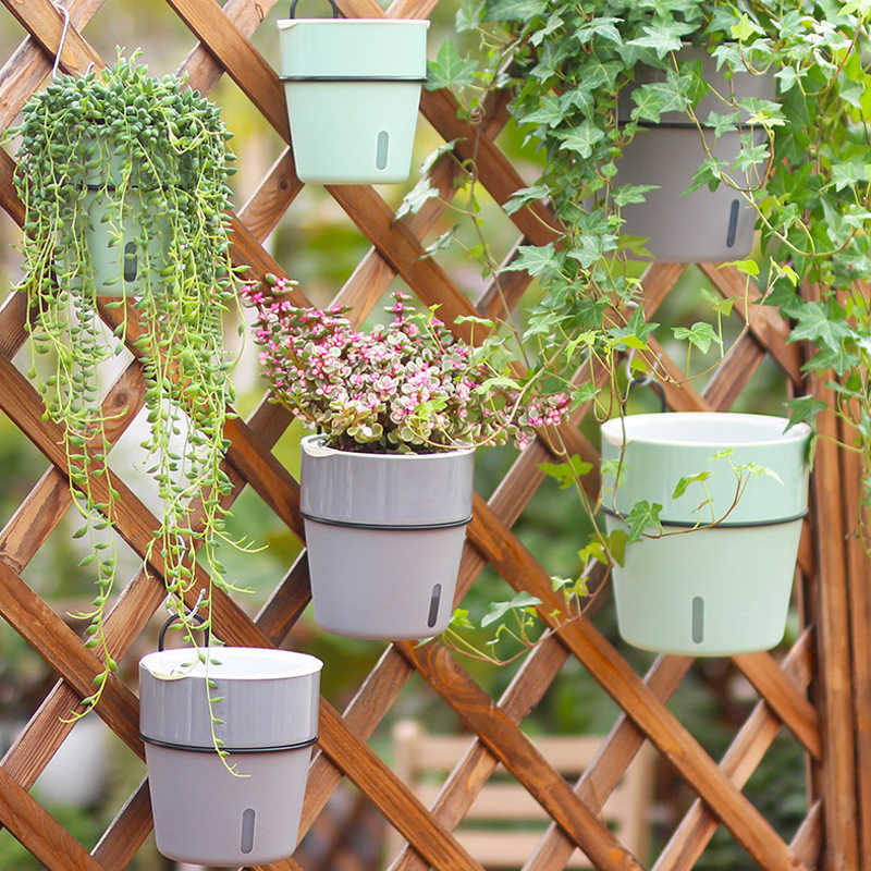 Wall Hanging Self Watering Flower Pot, Indoor Plastic Planter With Cotton Rope & Hanging Stand, Stand & Container For Water, Self Watering Style Lazy Pot & Iron Stand