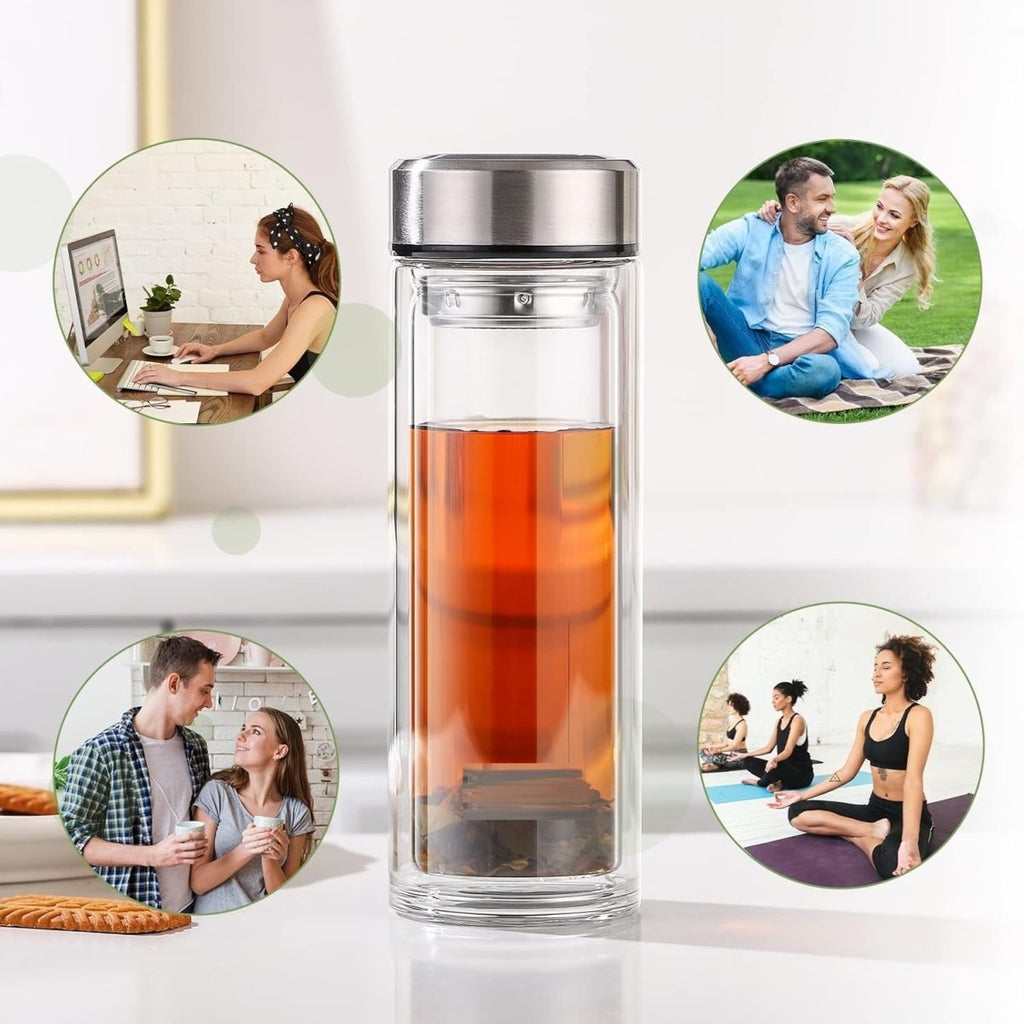 500ml Double Wall Glass Coffee Tumbler With Strainer & Lid