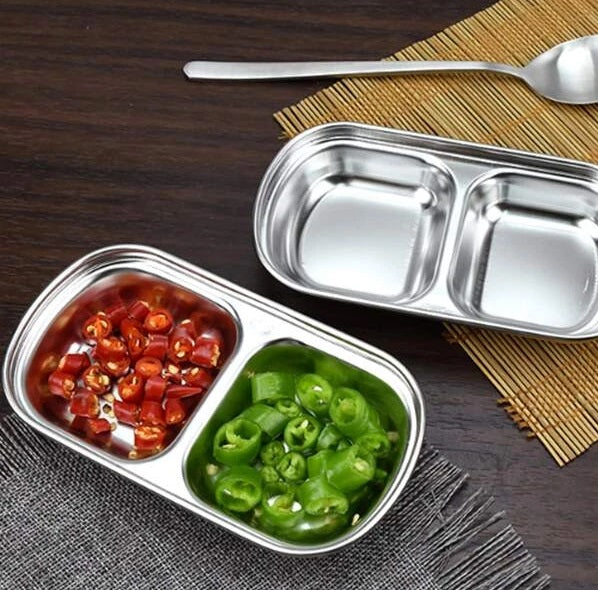 Techmanistan 2 Compartments Stainless Steel Sauce Dish Seasoning Dish Snack Plate, Korean Saucer Dish, Dip Dish,  Sub-Grid Flavored Sauce Vinegar Bowl, 2 Compartments Plate