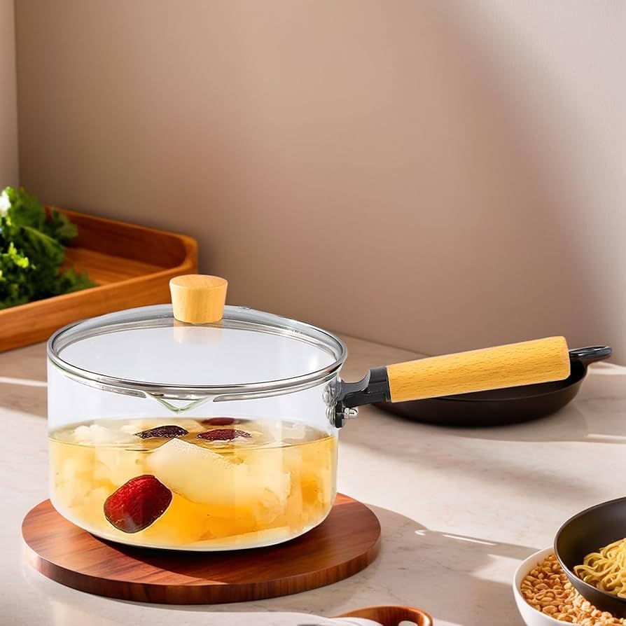 Glass Pot With Long Wooden Handle & Glass Lid