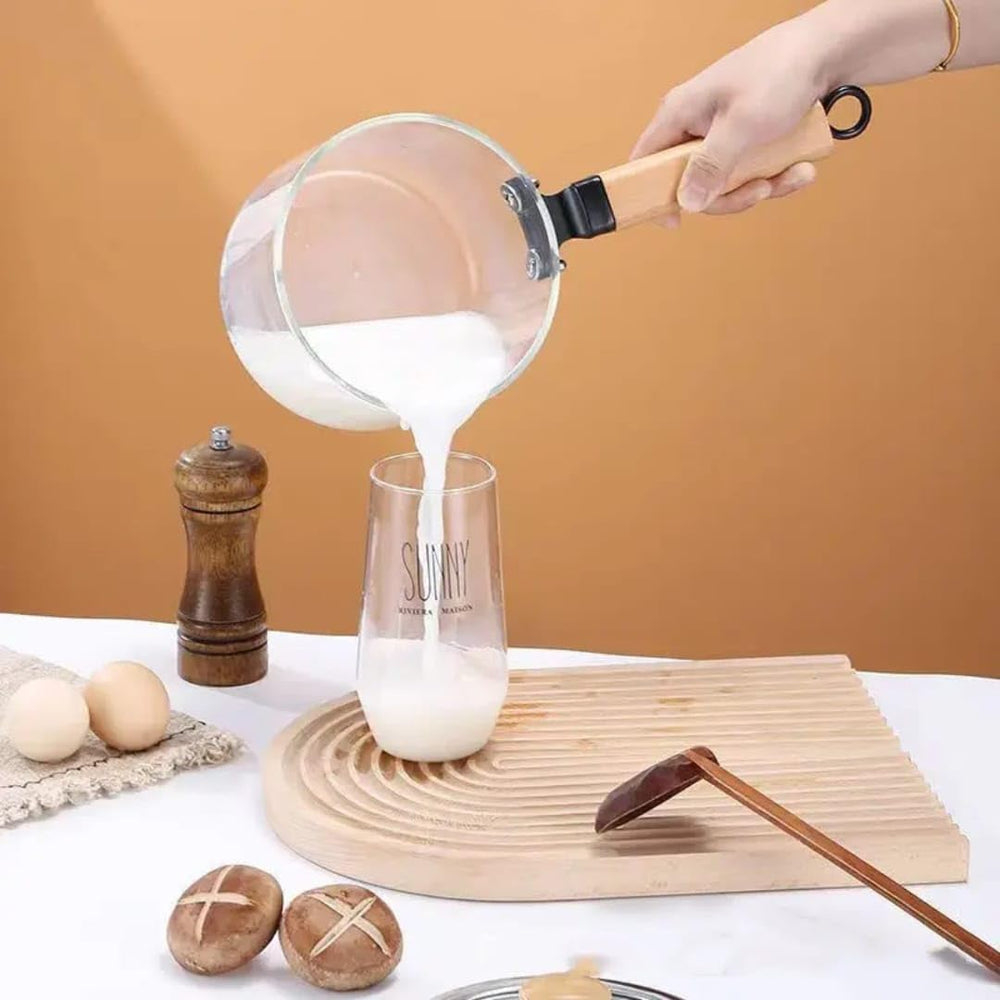 Glass Pot With Long Wooden Handle & Glass Lid