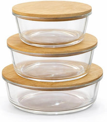 Set of 3 Glass Oven-Safe Containers with Bamboo Wooden Lids
