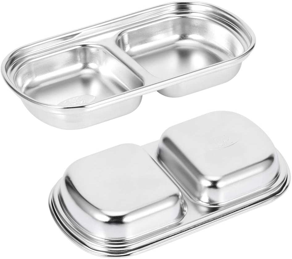 Techmanistan 2 Compartments Stainless Steel Sauce Dish Seasoning Dish Snack Plate, Korean Saucer Dish, Dip Dish,  Sub-Grid Flavored Sauce Vinegar Bowl, 2 Compartments Plate