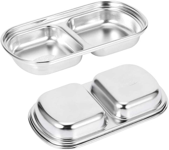 2 Compartments Stainless Steel Sauce Dish Seasoning Dish Snack Plate, Korean Saucer Dish, Dip Dish,  Sub-Grid Flavored Sauce Vinegar Bowl, 2 Compartments Plate