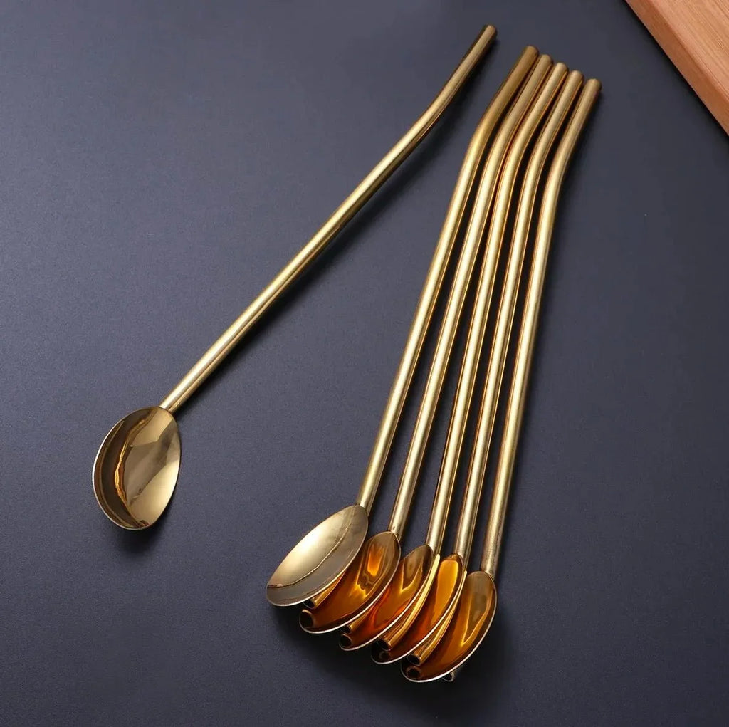 6-Pack Stainless Steel Drinking Spoon Straws - Reusable & Multifunctional