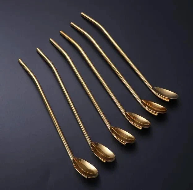 6-Pack Stainless Steel Drinking Spoon Straws - Reusable & Multifunctional