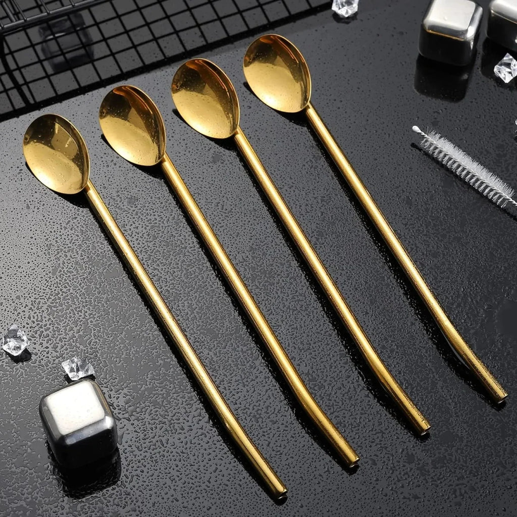 6-Pack Stainless Steel Drinking Spoon Straws - Reusable & Multifunctional