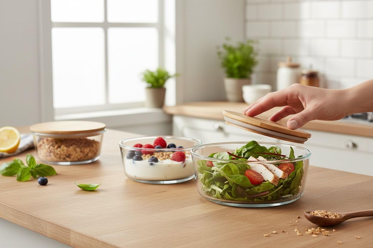 Set of 3 Glass Oven-Safe Containers with Bamboo Wooden Lids