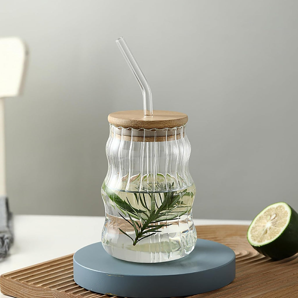 Glass Tumbler with Bamboo Lids and Glass Straw