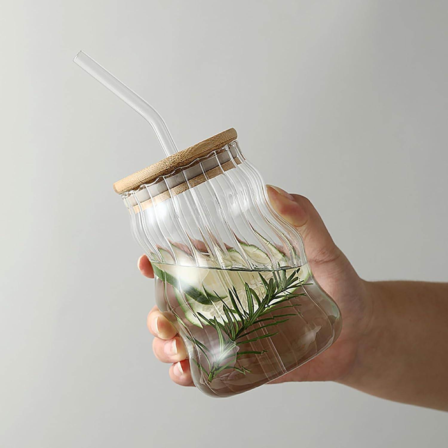 Glass Tumbler with Bamboo Lids and Glass Straw