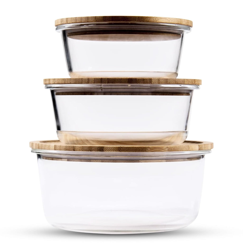 Set of 3 Glass Oven-Safe Containers with Bamboo Wooden Lids