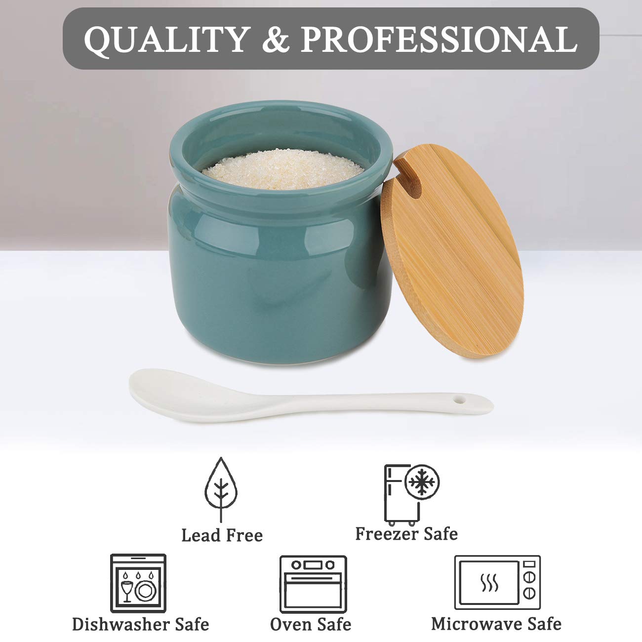 Ceramic Sugar Pot with Spoon & Wooden Lid