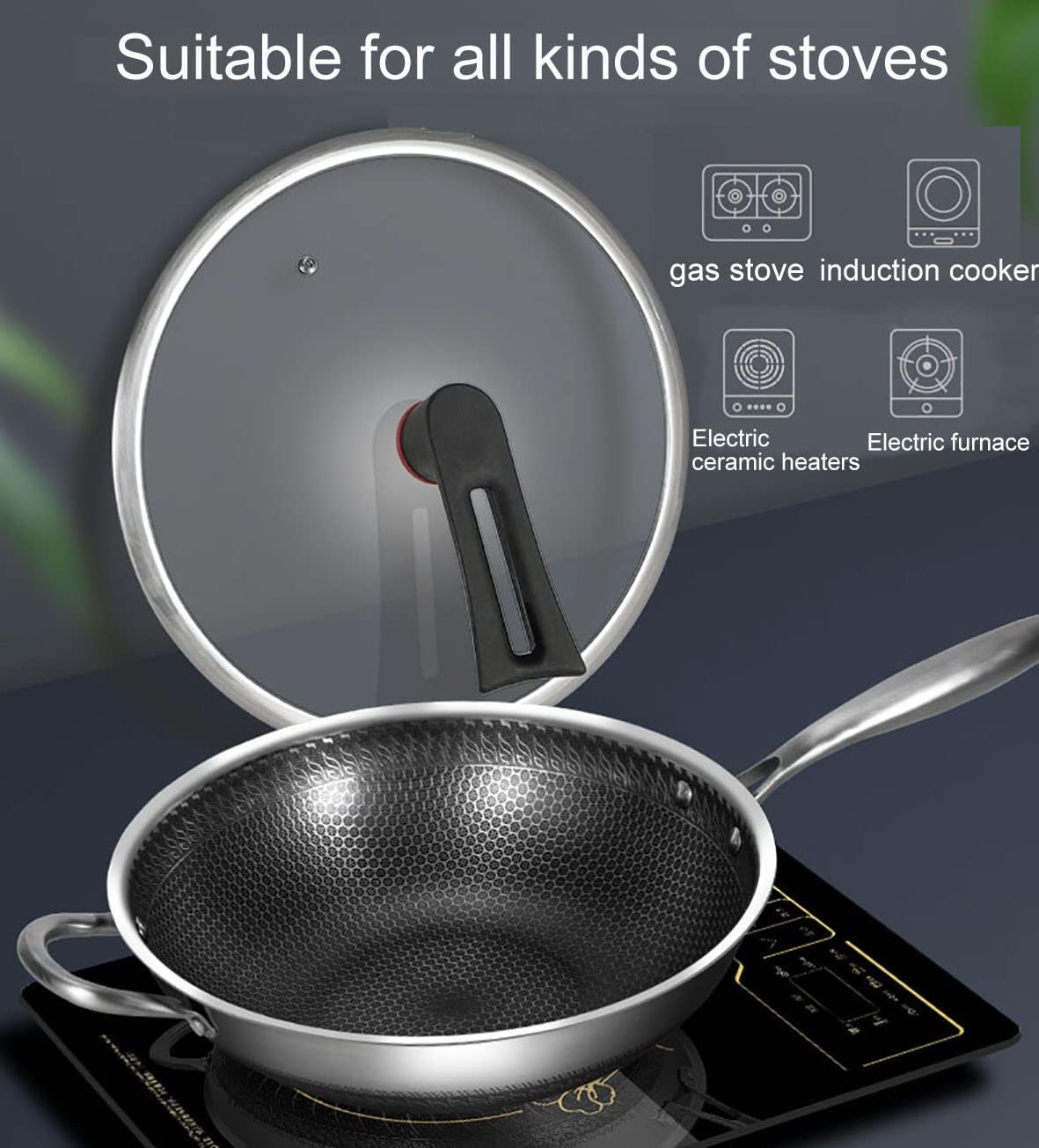 Double Sided Honeycomb Laser Coated Wok With Handle & Lid