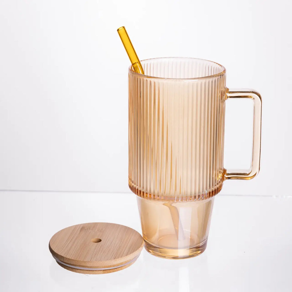 Ribbed Glass Tumbler with Handle, Straw & Bamboo Lid