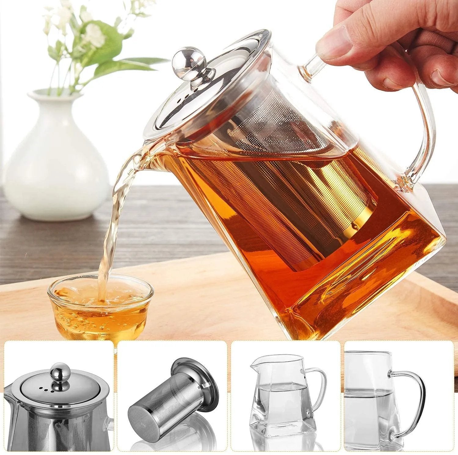 Square Glass Teapot with Heat-Resistant Stainless Steel Infuser Chai Kettle