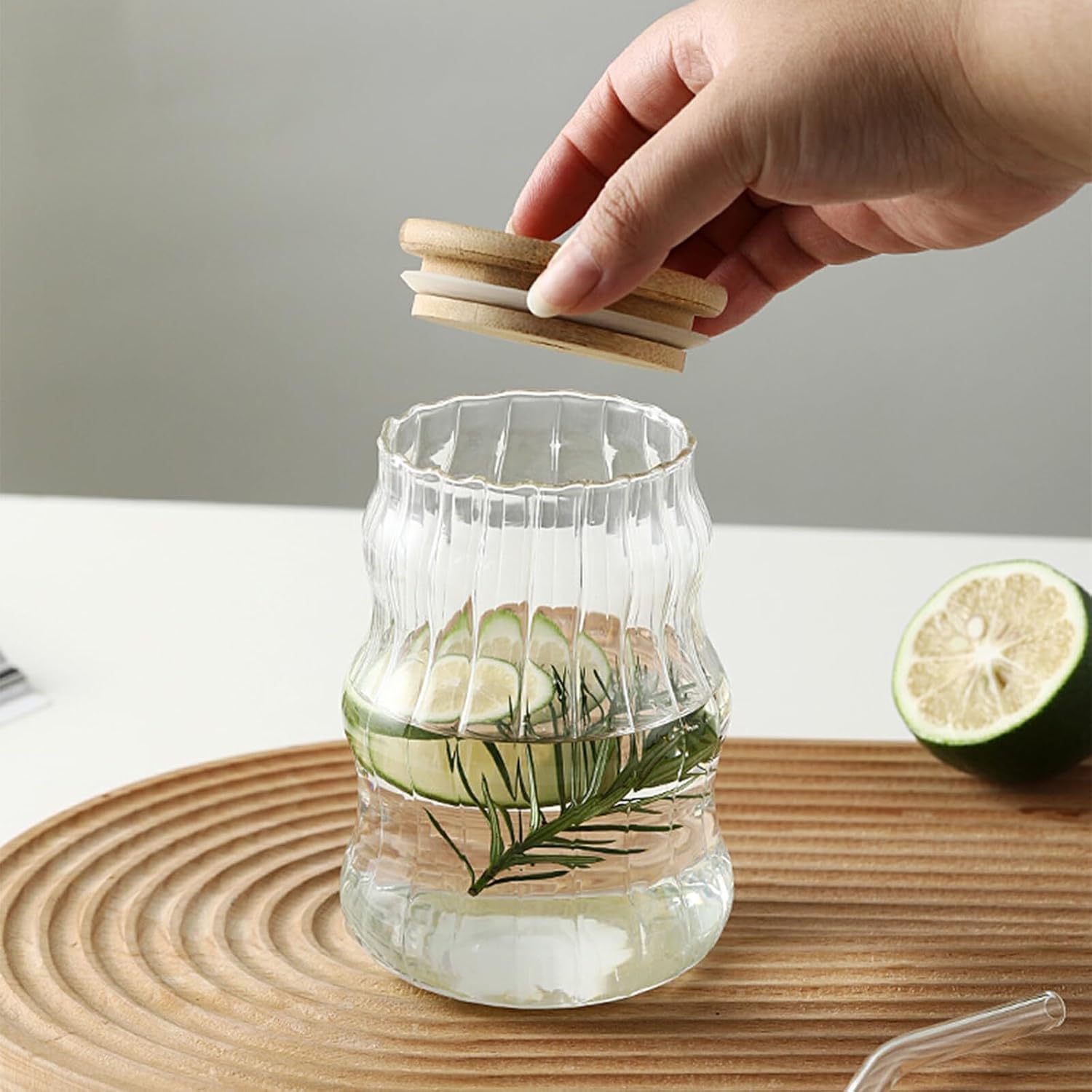 Glass Tumbler with Bamboo Lids and Glass Straw
