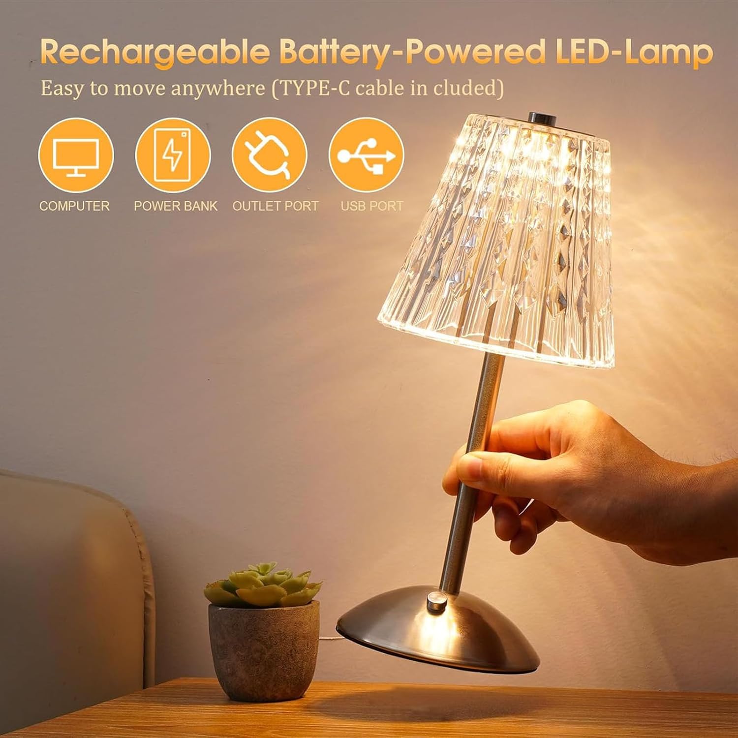Dimmable Crystal 3 Colors LED Cordless Table Lamp