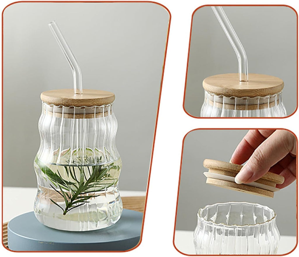 Glass Tumbler with Bamboo Lids and Glass Straw