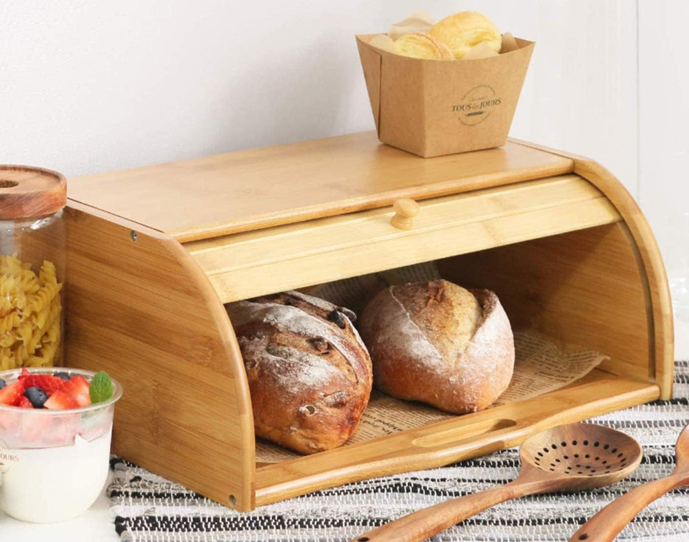 Bamboo Wooden Bread Box – Roll-Top Kitchen Storage Box