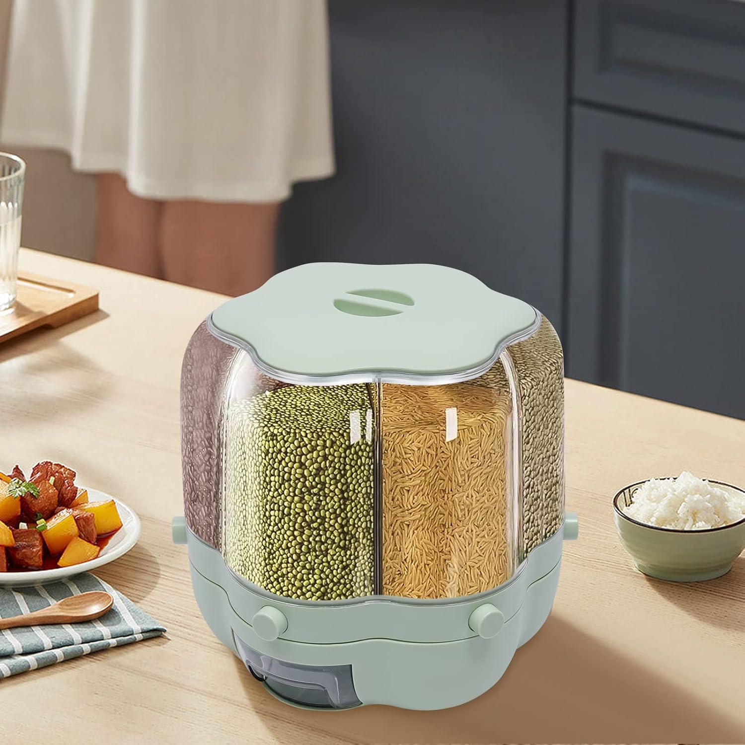 6-Compartment Rotating Rice Storage Dispenser – Flower Pattern, 7L Cereal Container