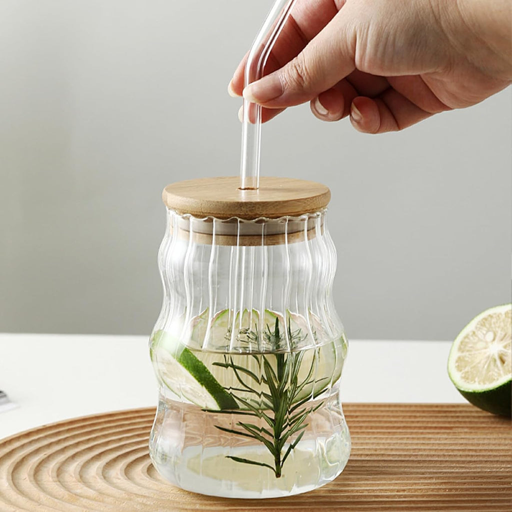 Glass Tumbler with Bamboo Lids and Glass Straw