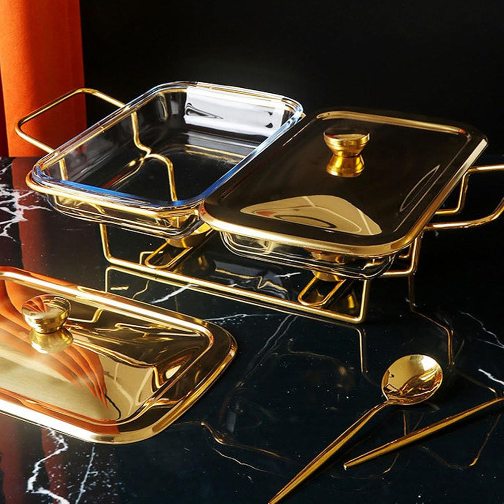 2 Grid Buffet Food Warmer Glass Serving Dish with Golden Lid