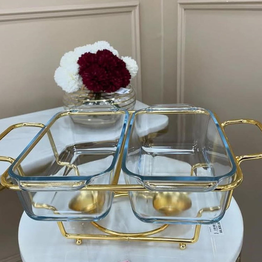 2 Grid Buffet Food Warmer Glass Serving Dish with Golden Lid