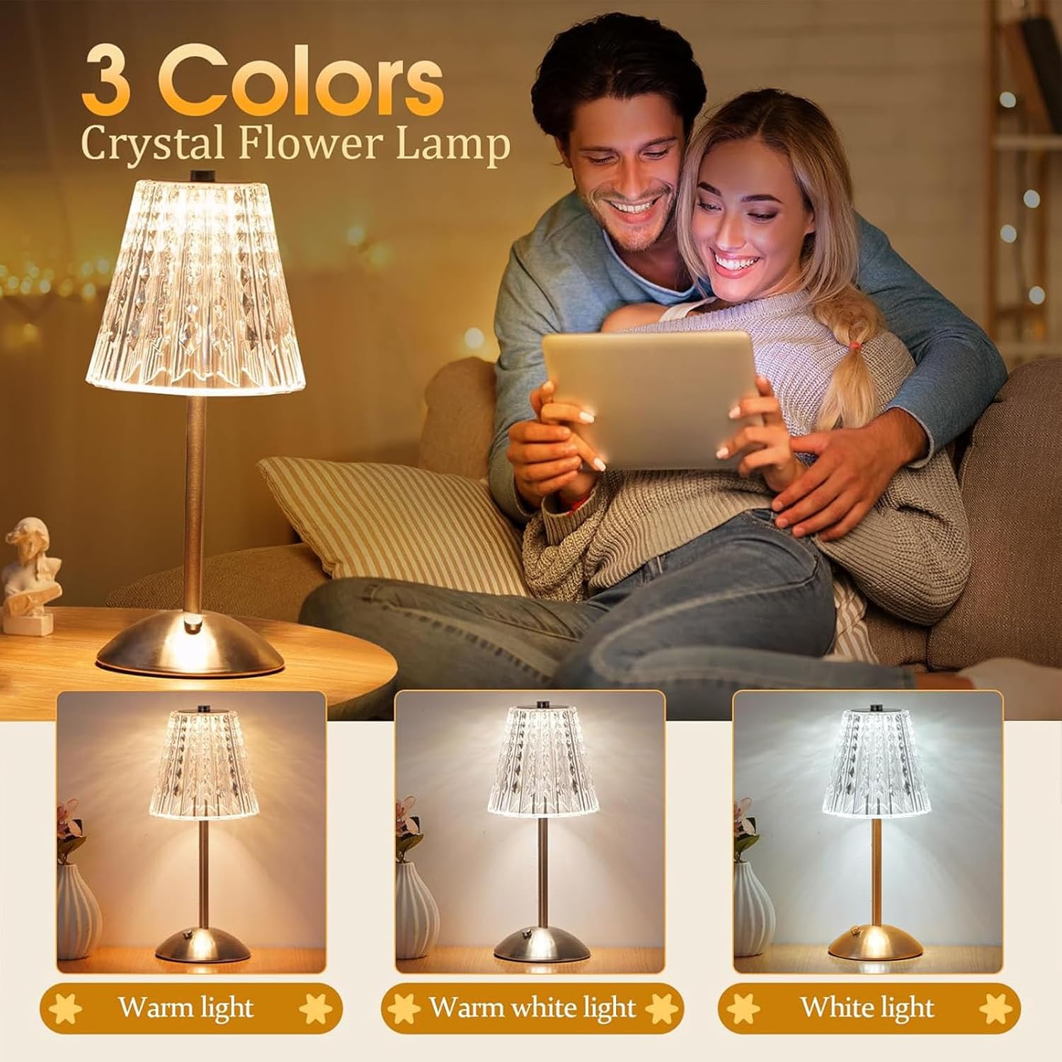 Dimmable Crystal 3 Colors LED Cordless Table Lamp