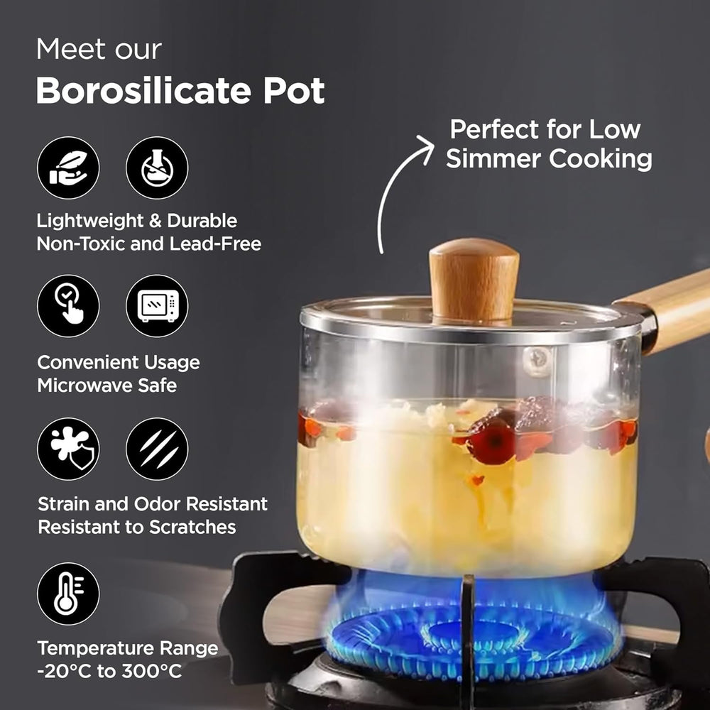 Glass Pot With Long Wooden Handle & Glass Lid